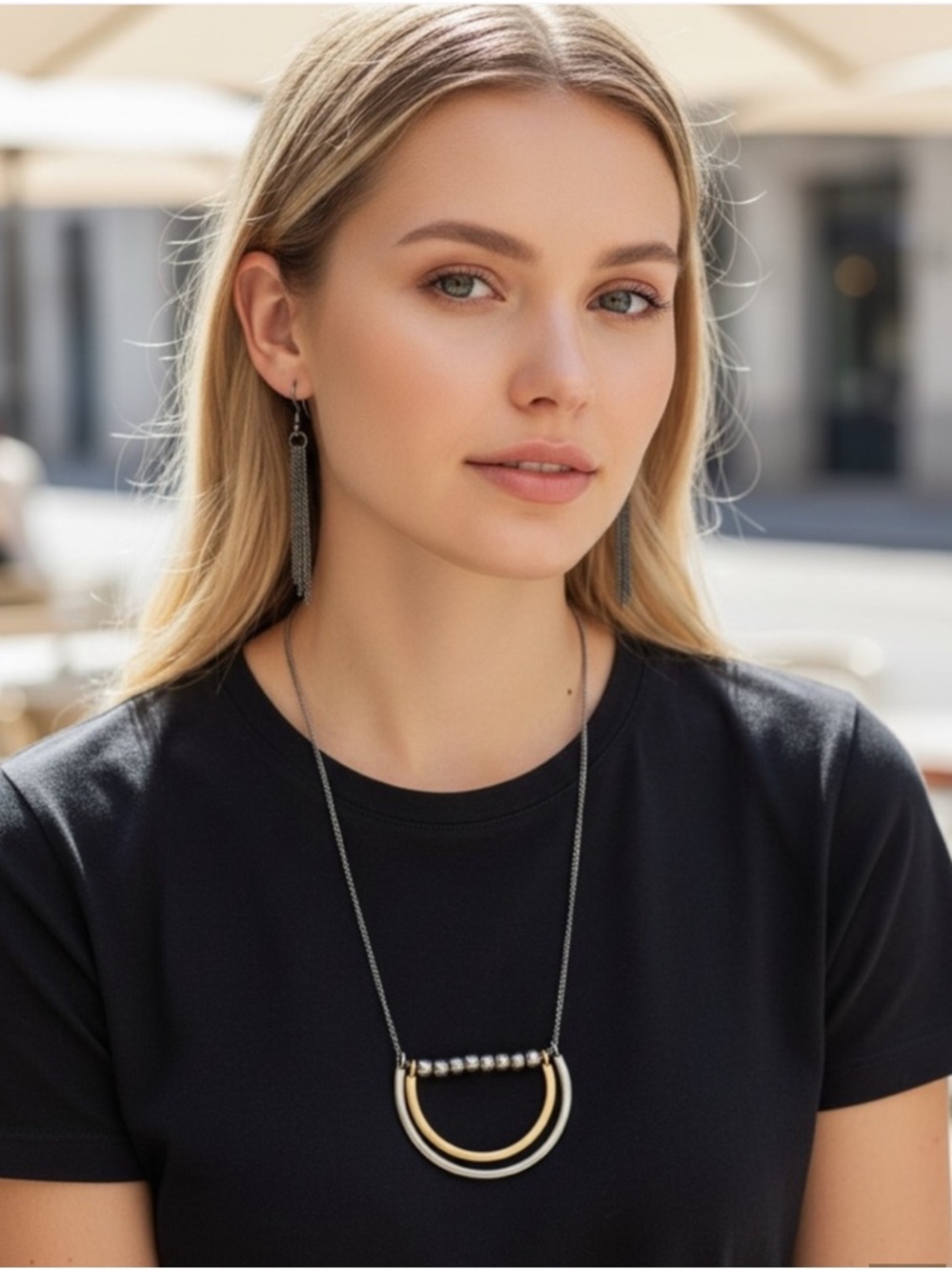Modern Two-Tone Semi-Circle Necklace and Earring Set- Gold and Gunmetal